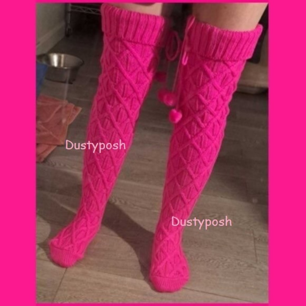 Pink Long Thigh High Socks Knit Over Knee Plus Hot Pink Cable Pom Pom Sexy Fun